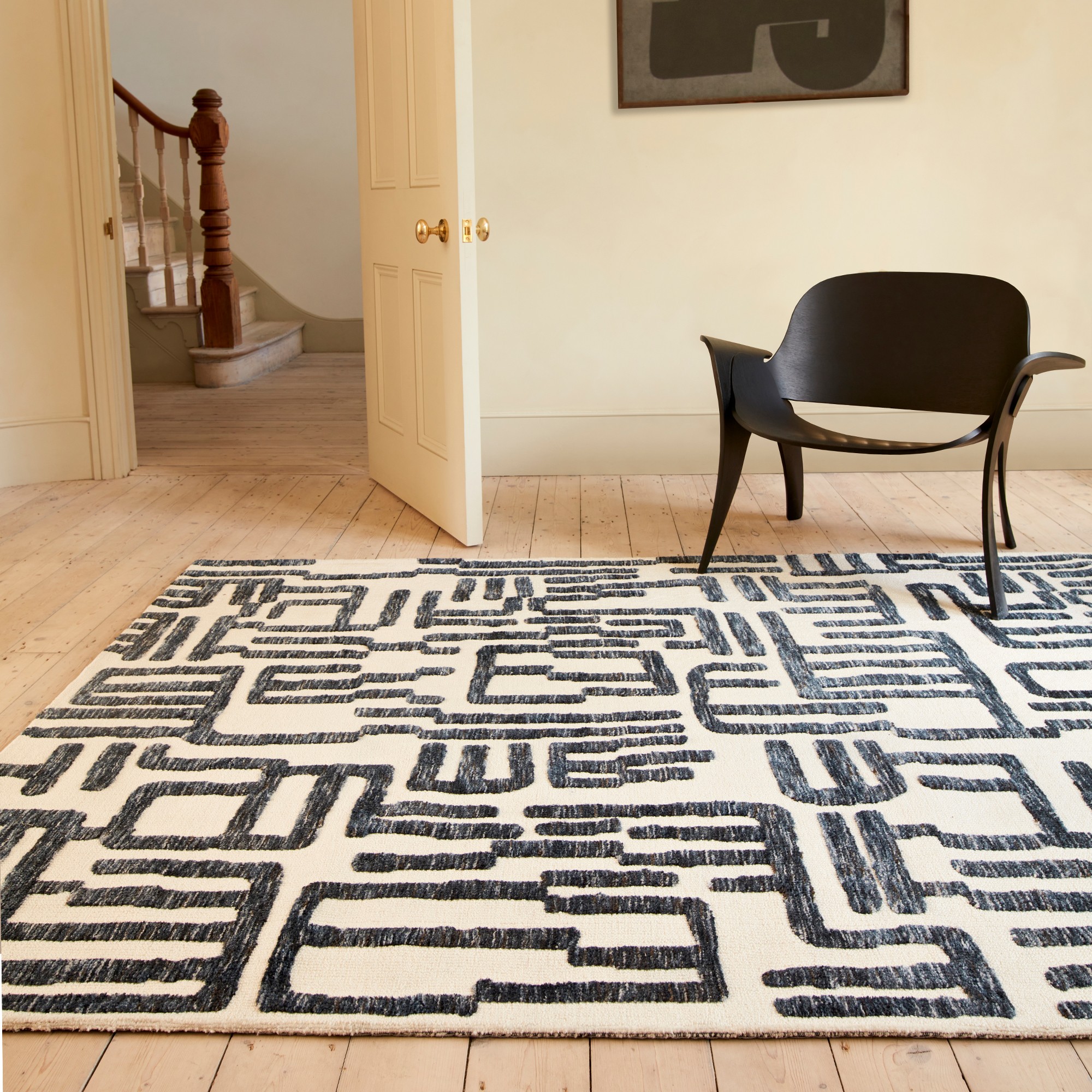 Mason Script Modern Abstract Rugs In Blue Cream